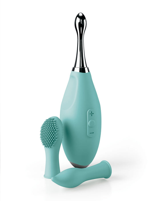 A teal Jimmyjane Focus Pro Pinpoint Tip Clitoral Vibrator with two interchangeable silicone head attachments and a metallic handle, displayed upright on a white background.