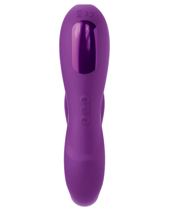 A close-up image of a purple Pipedream Products Jimmyjane Reflexx Rabbit 1 G-Spot & Clit Hugging Vibrator with visible control buttons and dual motors.