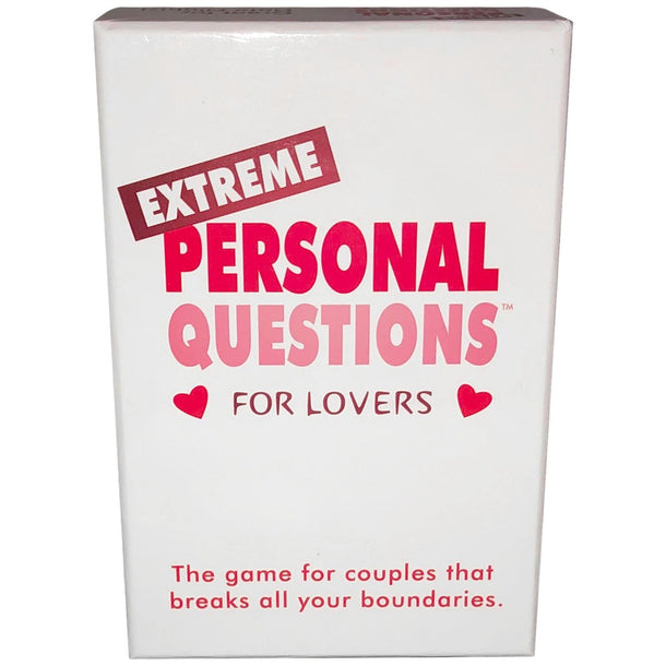 A white box labeled "Extreme Personal Questions for Lovers" features pink and red text with heart icons. The tagline says, "The conversation card game for couples that breaks all your boundaries.