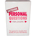 A white box labeled "Extreme Personal Questions for Lovers" features pink and red text with heart icons. The tagline says, "The conversation card game for couples that breaks all your boundaries.