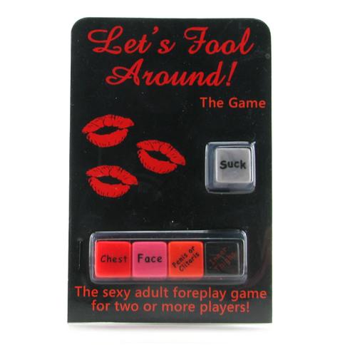 The Let's Fool Around Dice Game includes four sex dice and red lips-themed text. This hot adult party game offers spicy foreplay fun for two or more, with dice labeled "Suck," "Chest," "Face," and more playful actions.