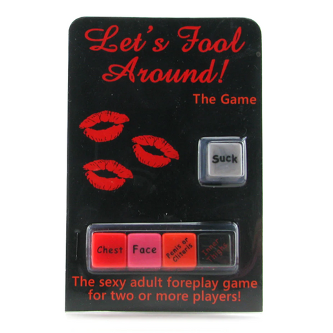 The Let's Fool Around Dice Game includes four sex dice and red lips-themed text. This hot adult party game offers spicy foreplay fun for two or more, with dice labeled "Suck," "Chest," "Face," and more playful actions.