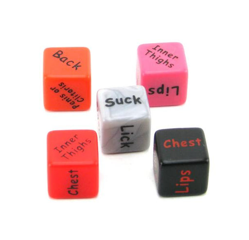 The Let's Fool Around Dice Game features five vibrant dice with words like "Back," "Chest," "Lips," "Suck," and "Lick"—ideal for adding playful excitement to your next adult party or naughty get-together.