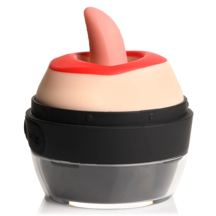 The Lady Licker Rotating Tongue Stimulator with Discreet Case by XR Brands is a compact, cylindrical gadget with a beige and red top, featuring a pink, tongue-like protrusion designed for oral stimulation. It includes a black middle band and a transparent base made of premium silicone.