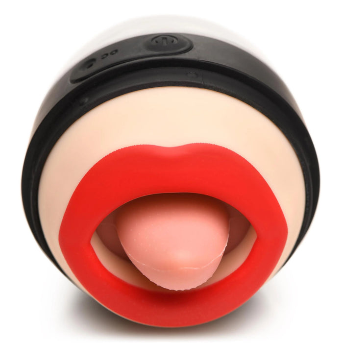 Presenting the Lady Licker Rotating Tongue Stimulator with Discreet Case by XR Brands: This cylindrical adult toy features a realistic mouth with parted red lips and a visible tongue. Crafted from premium silicone, it boasts a black top section with control buttons for seamless use. Additionally, it's waterproof, providing enhanced oral stimulation in various settings.