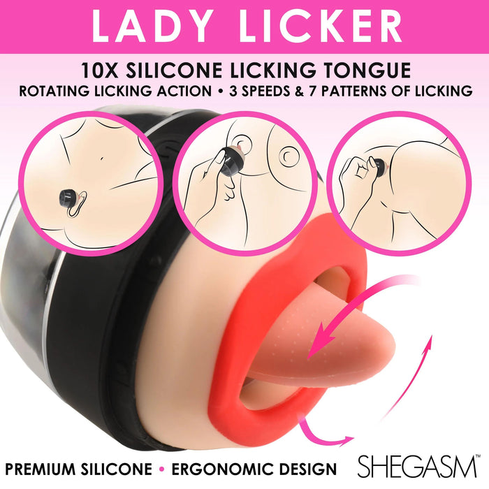 An image showcasing the Lady Licker Rotating Tongue Stimulator with Discreet Case, a sex toy from XR Brands, features a rotating silicone tongue with three speeds and seven licking patterns. Made from premium silicone, its ergonomic design ensures optimal oral stimulation and pleasure. Plus, it's waterproof for versatile enjoyment.