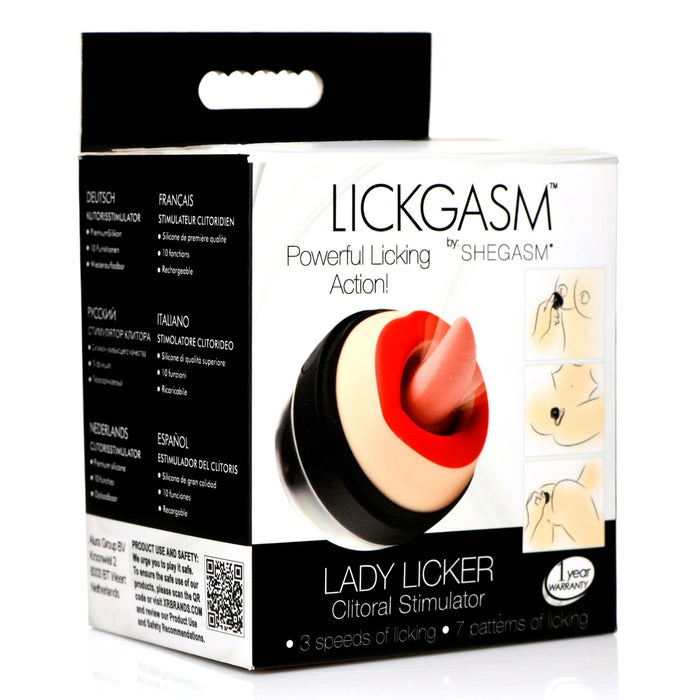 The image showcases the packaging for the "Lady Licker Rotating Tongue Stimulator with Discreet Case" by XR Brands. The box highlights features such as powerful oral stimulation, three speeds of licking, and seven patterns of licking. Made of premium silicone, the waterproof package is predominantly black.