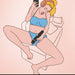 A cartoon woman with blonde hair, wearing blue underwear and large headphones, is lounging on a couch. She is holding a smartphone and a Lovense Domi 2 Powerful App Controlled Wand Vibrator by Lovense. Her facial expression appears to be one of pleasure. The background is a solid light pink color.