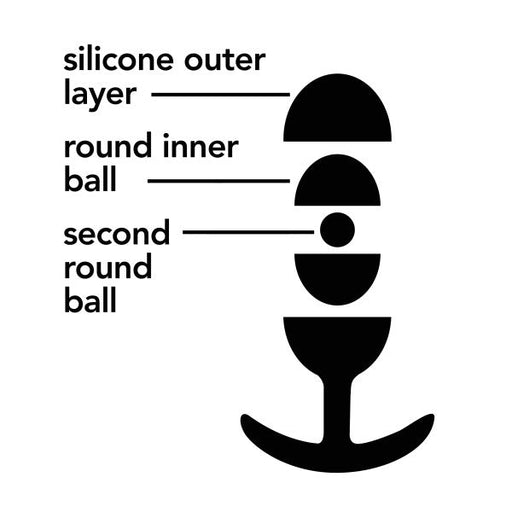 Diagram of the Luxe Small Wearable Silicone Vibra Slim Plug - Purple by Blush with labeled parts: "silky silicone outer layer" indicating the outer shell, "round inner ball" pointing to a small sphere inside, and "second round ball" showing an additional sphere inside. The plug features a flared base and a tapered design.