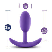 The Luxe Small Wearable Silicone Vibra Slim Plug by Blush features a purple silicone design with a curved base, measuring 3.5 inches in height, 1 inch in width, and offering 2.75 inches of insertable length.