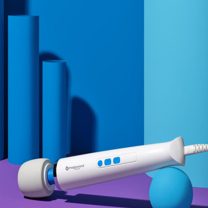 Magic Wand Plus 4 Speed Ultra Powerful Plug In Vibrator on blue and purple background 