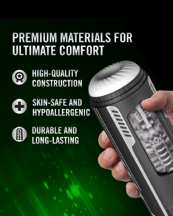 A hand holds a cylindrical object with a transparent section showing an intricate internal structure. Text reads, "Premium Materials for Ultimate Comfort" and lists "High-Quality Construction," "Skin-Safe and Hypoallergenic," and "Durable and Long-Lasting." Featuring innovative suction technology, the background is green. The product is the Blush Master Blaster Vibrating, Stroking, Sucking, Warming, Automatic Stroker.