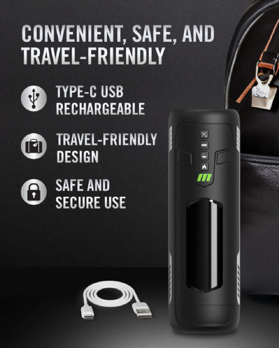 A black device with a USB Type-C port, next to a white USB Type-C cable, is shown against a background with a backpack. Text reads "Convenient, Safe, and Travel-Friendly," highlighting features like warming technology, Type-C USB rechargeable design, and safe and secure use. The device showcased is the Master Blaster Vibrating, Stroking, Sucking, Warming, Automatic Stroker by Blush.