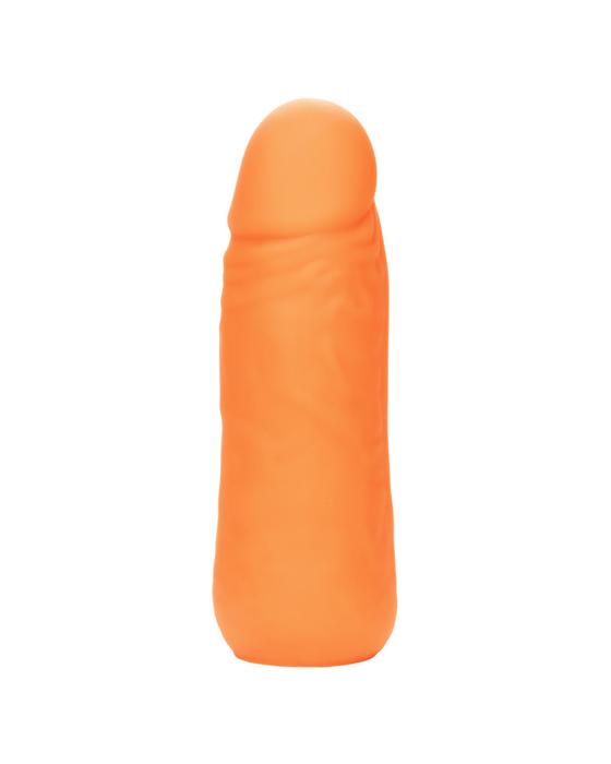 An orange, cylindrical object resembling a thimble or finger puppet with a rounded top and a slightly wrinkled surface, made from body-safe silicone, the CalExotics Vibrating Stud Mini Cock Shaped Bullet Vibrator - Orange.