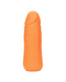 A close-up view of the Vibrating Stud Mini Cock Shaped Bullet Vibrator - Orange by CalExotics, featuring detailed ridges and textures, crafted from body-safe silicone.