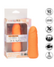 An image of a Vibrating Stud Mini Cock Shaped Bullet Vibrator - Orange in its packaging. The packaging has the brand name "CalExotics" and describes the item as "Mini Vibrating Studs" made of body safe silicone. The packaging highlights features including 10 functions, waterproof, USB rechargeable, and a 1-year warranty for this powerful vibrating toy.