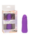 A Vibrating Stud Mini Cock Shaped Bullet Vibrator - Purple, crafted from premium silicone, is displayed next to its packaging. The box features the brand name CalExotics and highlights key product points such as its liquid silicone material, powerful speeds of vibration, and a length of 4.25 inches (10.75 cm).