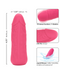 A CalExotics Vibrating Stud Mini Cock Shaped Bullet Vibrator - Pink with dimensions of 4.25 inches in length and 1.25 inches in width. Features 10 powerful speeds, a life-like design, and is made from waterproof liquid silicone. Three smaller images highlight specific features and uses.