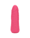 A pink, phallic-shaped Vibrating Stud Mini Cock Shaped Bullet Vibrator - Pink from CalExotics, crafted from liquid silicone, featuring a textured, veined surface and a rounded tip, stands upright against a plain white background.
