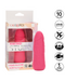 A pink mini vibrating silicone adult toy in its packaging labeled "CalExotics Vibrating Stud Mini Cock Shaped Bullet Vibrator - Pink." The packaging mentions features like 10 powerful speeds, liquid silicone, waterproof, USB rechargeable, travel lock, and a 1-year warranty.