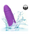 A purple, phallic-shaped object made of premium silicone, which is waterproof and labeled with an IPX7 rating, splashes into a body of water, creating ripples and splashes around it. 

Updated Sentence: The Vibrating Stud Mini Cock Shaped Bullet Vibrator - Purple by CalExotics, made of premium silicone and waterproof with an IPX7 rating, splashes into a body of water, creating ripples and splashes around it.
