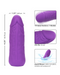 An image of a CalExotics Vibrating Stud Mini Cock Shaped Bullet Vibrator - Purple with a realistic texture made from premium silicone. Dimensions are shown as 4.25 inches long and 1.25 inches wide. Highlights include "10 intense functions of vibration," "Life-like design," and "Liquid Silicone: softer, smoother, durable, and waterproof.