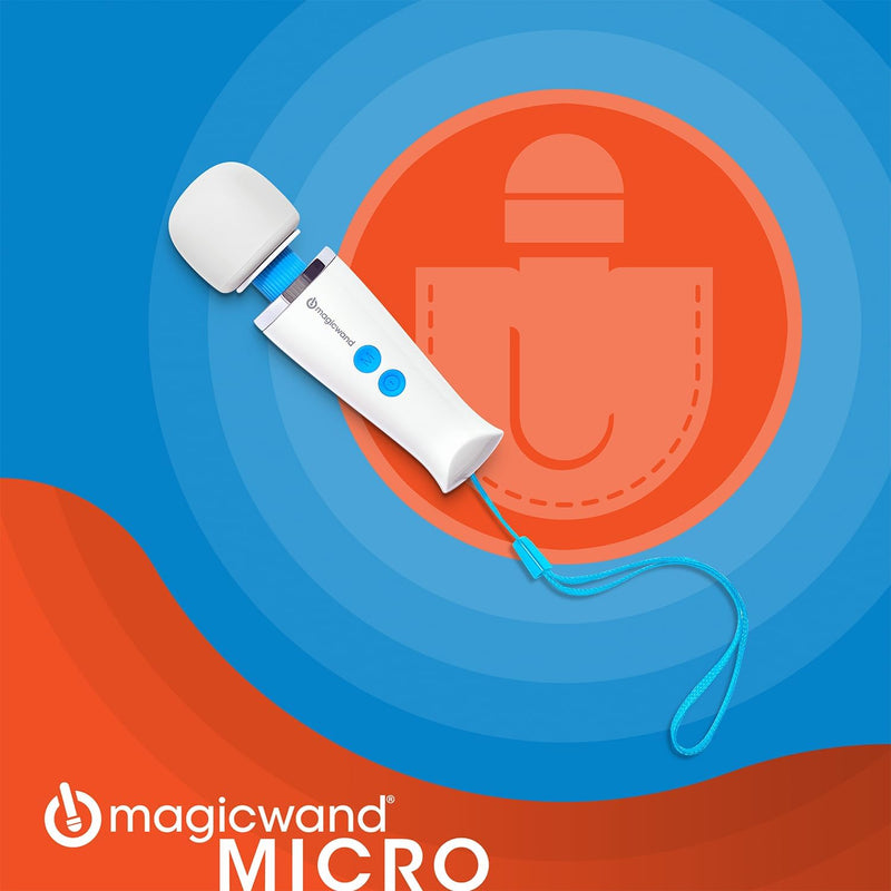 A compact white Magic Wand Micro Rechargeable Cordless Vibrator with blue buttons and a wrist strap is displayed on a blue and orange circular background. "magicwand MICRO" appears in the lower left corner.