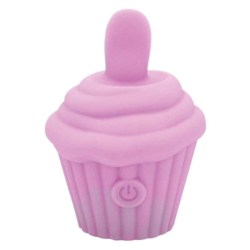 The Cake Eater Clitoral Stimulator Tongue Vibrator in pink is a silicone device shaped like a cupcake, with a rounded tip on top and a power button symbol on the side.