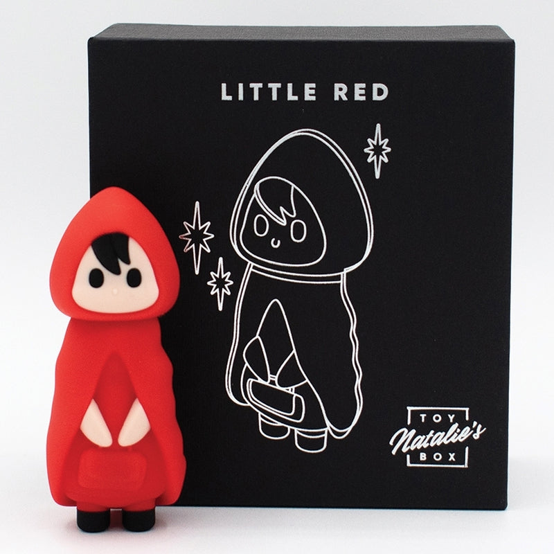 A cute toy figure in a red hooded cloak stands before a black box with a white line drawing, "LITTLE RED," and "Natalie's Box," hinting at the discreet, USB rechargeable Little Red Discreet Powerful Bullet Vibrator inside.