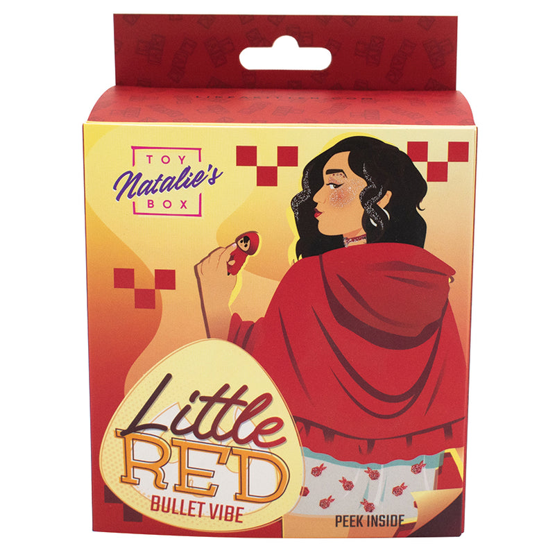 A colorful box shows an illustrated woman in a red hooded cloak holding a small item. The text says "Little Red Discreet Powerful Bullet Vibrator" and "Toy Natalie's Box." This discreet vibrator is USB rechargeable for convenience.