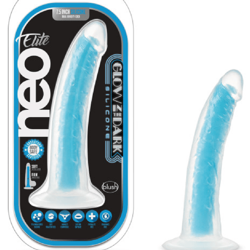 Blush Novelties Dildo Neo Elite Glow in the Dark 7.5 Inch Silicone Dildo - Blue