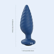 The Noah App-Enabled Rotating Butt Plug is a blue silicone toy with a spiral design, measuring 4.93" long and 1.91" wide, featuring control buttons on the base for easy use. Shown against a light blue background.