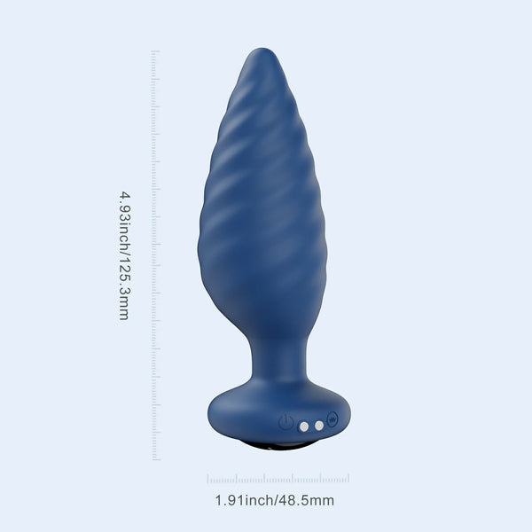 The Noah App-Enabled Rotating Butt Plug is a blue silicone toy with a spiral design, measuring 4.93" long and 1.91" wide, featuring control buttons on the base for easy use. Shown against a light blue background.