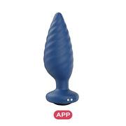 The Noah App-Enabled Rotating Butt Plug is a blue, spiral-textured silicone toy with a flared base and control buttons. "APP" appears below it on a red rounded rectangle, highlighting its app-controlled features.