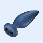 The Noah App-Enabled Rotating Butt Plug is a blue, textured silicone anal toy with a spiral design and flared base displaying "HONEY" with a bee graphic, shown against a light background.