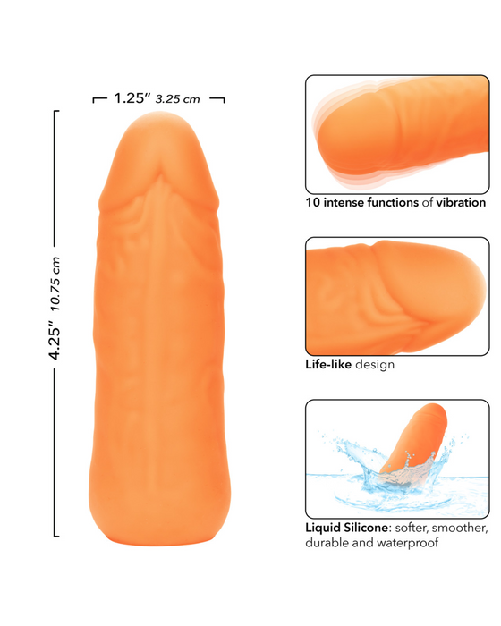 Image showcasing the CalExotics Vibrating Stud Mini Cock Shaped Bullet Vibrator - Orange. This powerful vibrating toy measures 4.25 inches (10.75 cm) in length and 1.25 inches (3.25 cm) in diameter, featuring 10 vibration functions, a life-like design, and is both waterproof and soft to the touch.