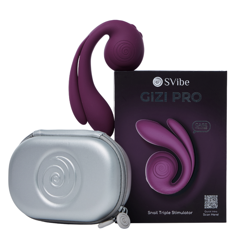 SVibe Gizi Pro triple stimulator in deep purple silicone, with a silver carrying case and black product box.