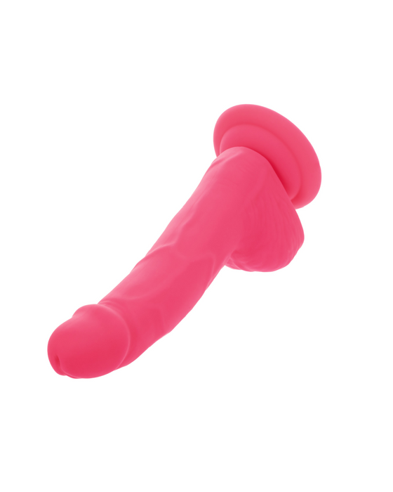 A neon-hued delight, the CalExotics Silicone Stud 8 Inch Suction Cup Dildo - Pink features a realistic design with a pronounced head and veined texture. Crafted from body-safe silicone, it also boasts a powerful suction cup base for added stability and versatility.