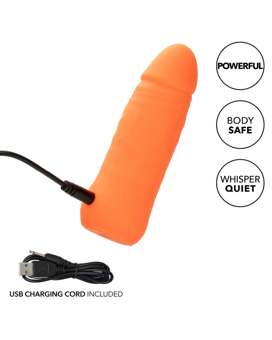 An orange, phallic-shaped Vibrating Stud Mini Cock Shaped Bullet Vibrator - Orange from CalExotics connected to a black USB charging cord. The image includes text that reads "POWERFUL," "BODY SAFE SILICONE," and "WHISPER QUIET." A separate USB charging cord is also shown at the bottom of the image.