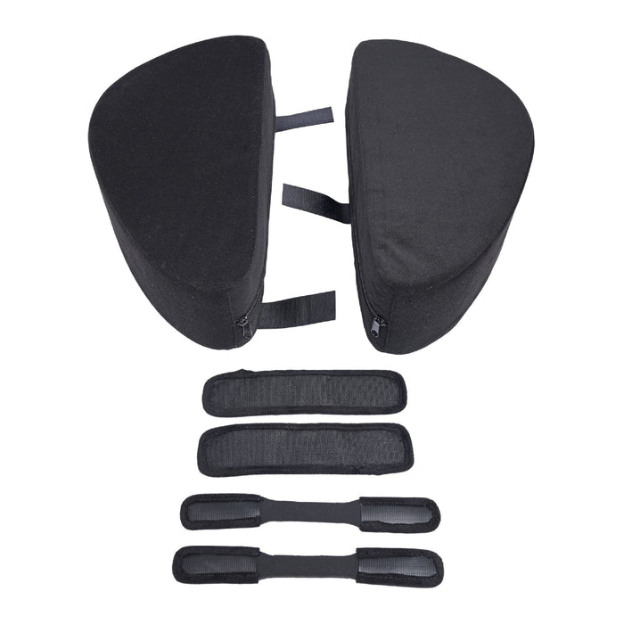 Two black triangular cushions from the Sportsheets Pivot Convertible Sex Toy Mount & Cushion set, featuring zippers and hook-and-loop straps. Below them lie three rectangular hook-and-loop straps of varying lengths, along with two additional connecting straps at the bottom. The items are displayed on a white background.