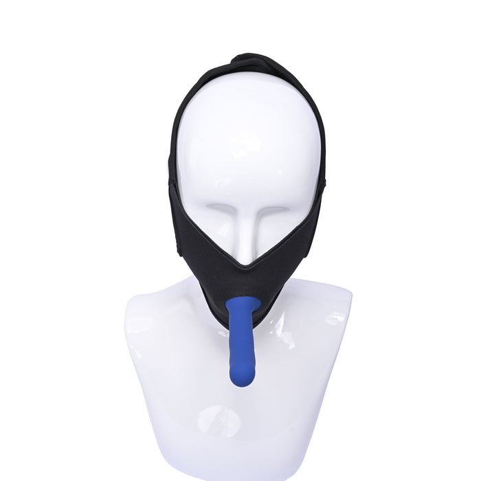 A white mannequin head is shown wearing the Pivot Face Sitting Strap On Harness by Sportsheets, featuring a black strap with a blue attachment extending from the chin area. The harness is designed to wrap under the chin, around the head, and over the top of the head for a secure fit.