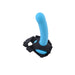 A blue silicone strap-on dildo featuring an adjustable black harness, known as the "Pivot Flex Foot and Ankle Strap On Harness" by Sportsheets. The dildo is securely positioned upright on the Pivot Flex Foot for added stability, making it ideal for both solo and couple play.