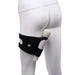 A mannequin's lower body showcases the Pivot Forced Orgasm and Thigh Mount Strap-on Harness by Sportsheets, featuring a black adjustable harness with a white cylindrical device attached that resembles a massager or therapy tool. The strap is equipped with Velcro for secure fastening.