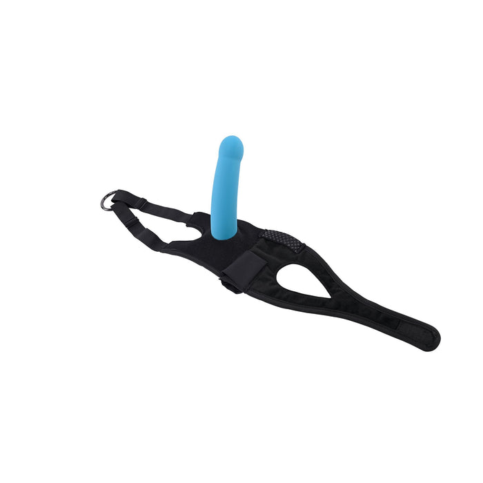 The Pivot Forced Orgasm and Thigh Mount Strap-on Harness by Sportsheets features a black harness with adjustable straps for comfortable, wearable use. In the center is a blue, phallic-shaped attachment with a smooth texture, making it an ideal partner thigh harness. The background is plain white.