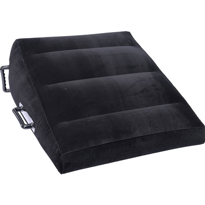 The Pivot Plus Large Inflatable Sex Positioner Wedge Cushion by Sportsheets is a black, wedge-shaped inflatable pillow with horizontal seams, designed for support and comfort. It features two black handles on the sides for easy positioning and handling.