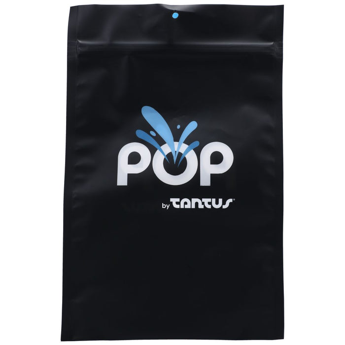 A sleek black resealable bag with a blue droplet design at the top and the word "POP" in bold white letters at the center. Below "POP" is written "by Tantus" in smaller, stylized white text, highlighting that it contains an ultra-hygienic silicone dildo for conception: Pop 7 Inch Silicone Squirting Dildo - Chocolate by Tantus.