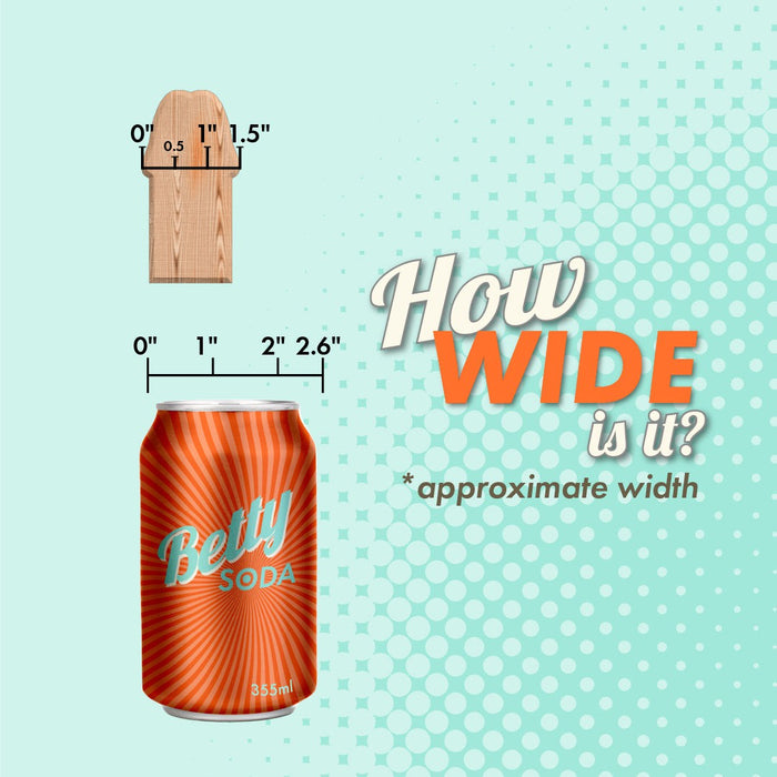 An orange can of Pop 7 Inch Silicone Squirting Dildo - Vanilla by Tantus measuring 2.6 inches in width is shown alongside a wooden plank segment with measured widths of 0", 0.5", 1", and 1.5". The image, which could be part of a guide for g-spot stimulation, has text "How WIDE is it? *approximate width" against a light teal dotted background.