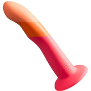 The Romp Dizi Ultra Smooth 7 Inch Dildo With Suction Cup features a vibrant orange and pink color block design, a flared base, and silicone construction, shown against a white background.