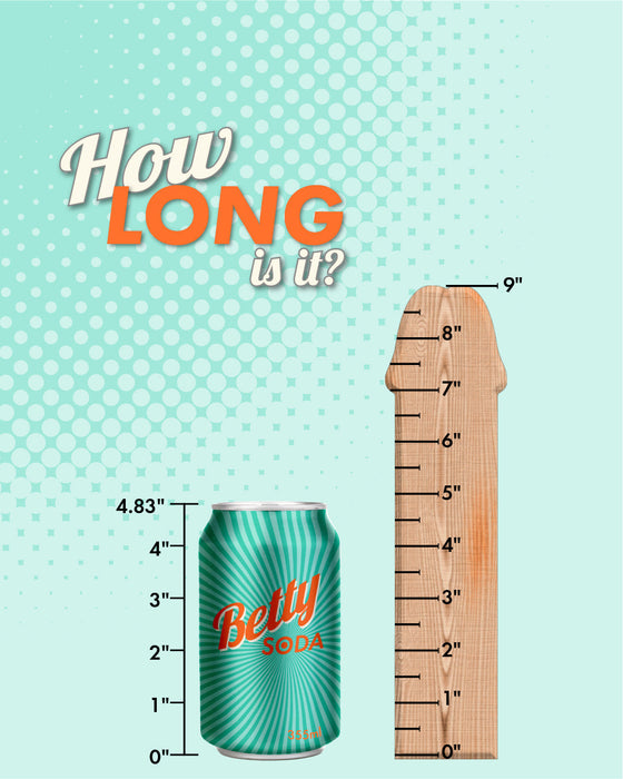 Image of a can labeled "Betty Soda" next to a wooden measuring tool resembling the Blush Raphael Ultra Realistic 9.5 Inch Silicone Dildo with Sliding Foreskin - Caramel. The can measures 4.83 inches, while the wooden tool is a realistic 9 inches long. The text at the top reads "How LONG is it?" against a dotted mint green background.