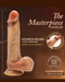 A Blush Raphael Ultra Realistic 9.5 Inch Silicone Dildo with Sliding Foreskin - Caramel is displayed on a brown background. Text indicates it is 9.5 inches long with 7 inches insertable, made from platinum cured liquid silicone, and handcrafted by Purio. A badge highlights its realistic erection and lifelike feel.